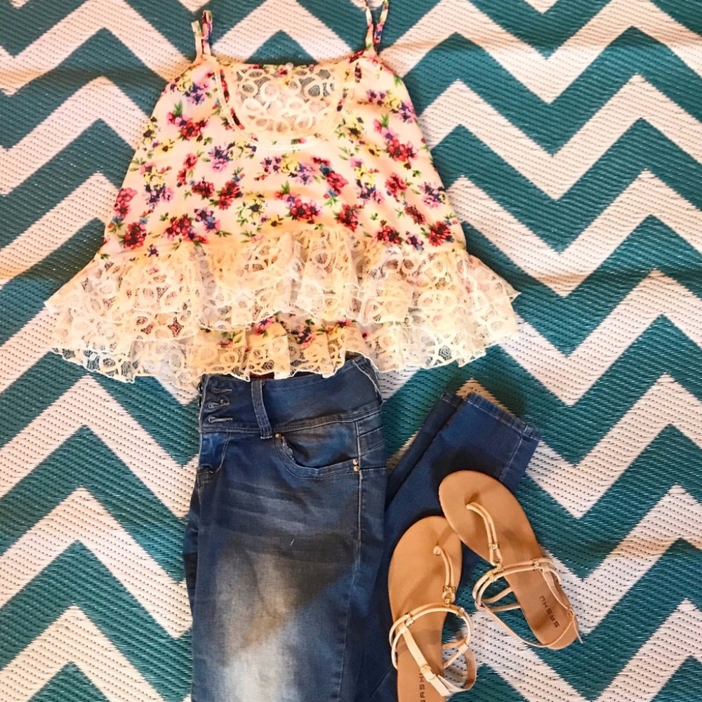 NEW Hot neon floral and lace tank top